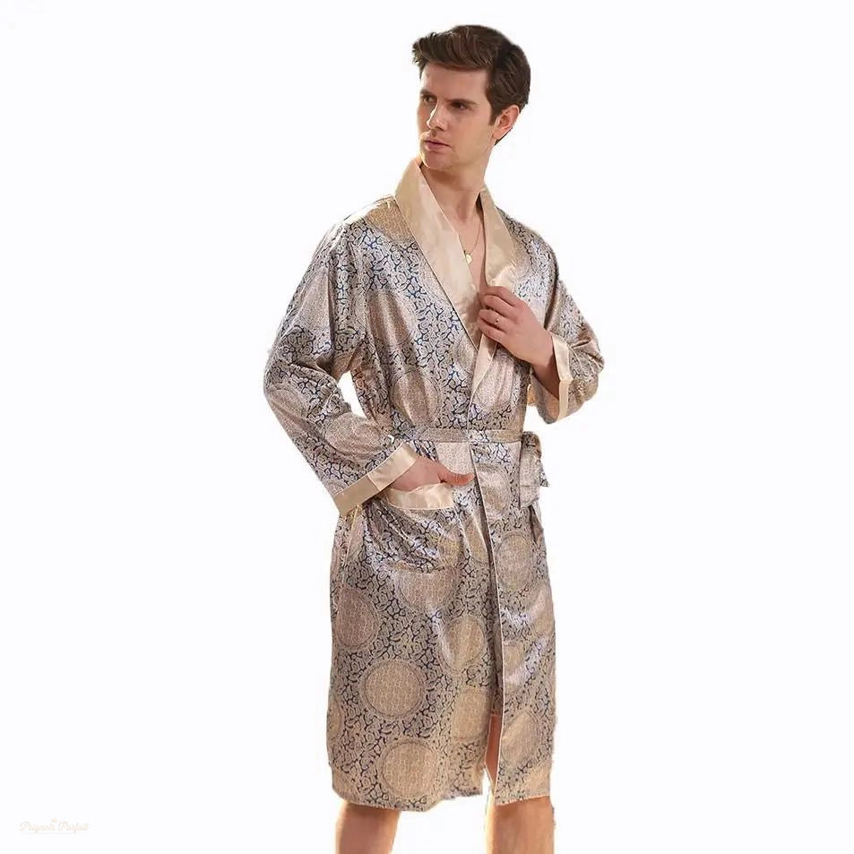 Peignoir Homme Satin Kimono Or Et Bleu - Or Et Bleu - 5XL