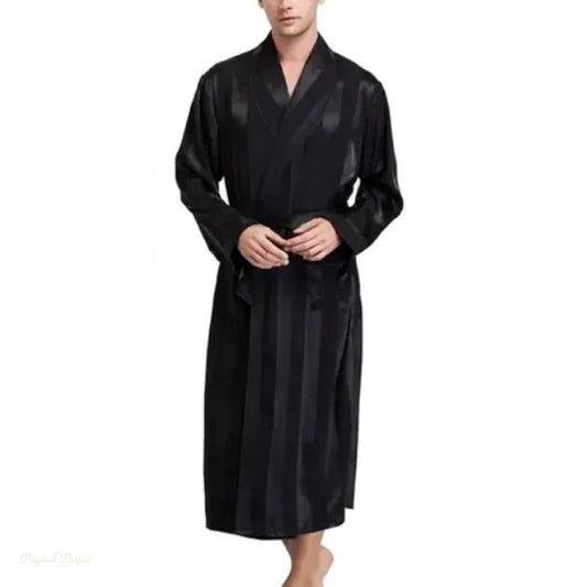 Peignoir Homme Satin Noir À Rayures - Kimono Long - Noir À Rayures - M