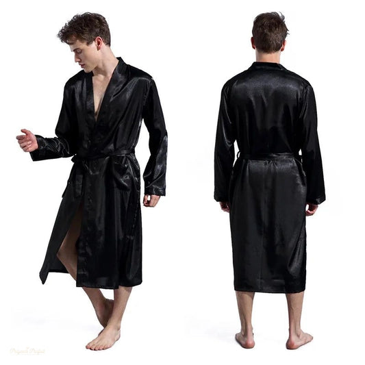 Peignoir Homme Satin Noir Élégant - Kimono Loungewear - Noir Élégant - XL(80-87.5kg)
