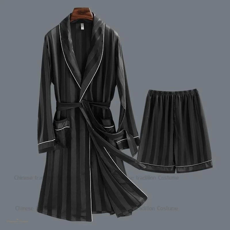 Peignoir Homme Satin Noir Rayé avec Short - Noir Rayé - XXXL