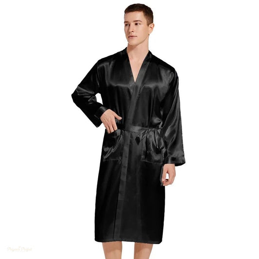 Peignoir Homme Satin Noir Satiné Kimono - Noir Satiné - S(57.5-65kg)
