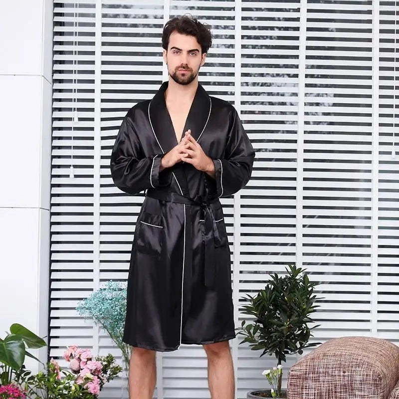 Peignoir Homme Satin Noir Satiné - Luxe - Noir Satiné - XXXL