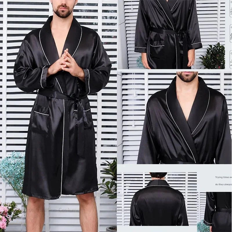 Peignoir Homme Satin Noir Satiné - Noir Satiné - XXXL