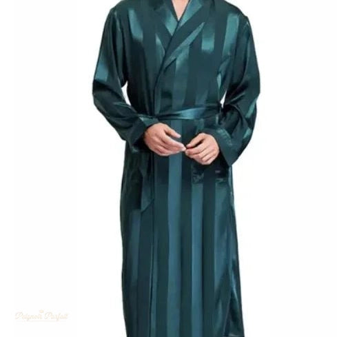 Peignoir Homme Satin Rayé Vert Foncé Long - Vert Foncé Rayé - 5XL