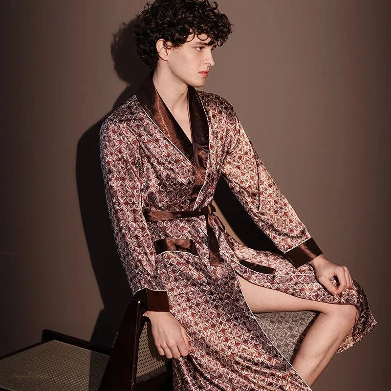 Peignoir Homme Soie Glacée Bordeaux Et Brun - Bordeaux Et Brun - M 170-177cm65-75kg