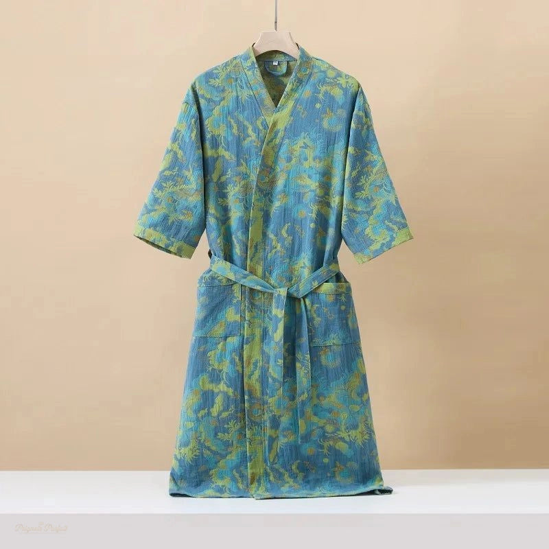 Peignoir Kimono Coton Bleu Vert Imprimé Femme - Bleu Vert Imprimé - XL