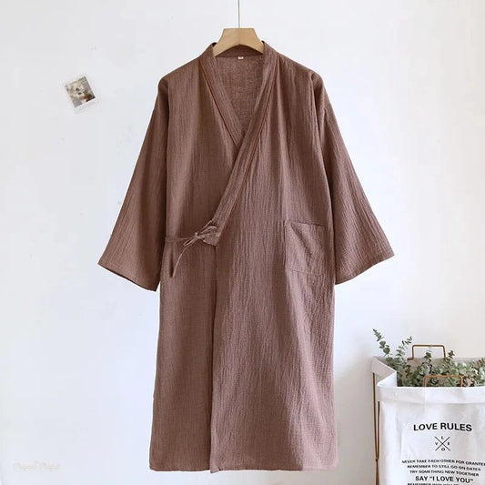 Peignoir Kimono Coton Brun Lin Homme - Brun Lin - M