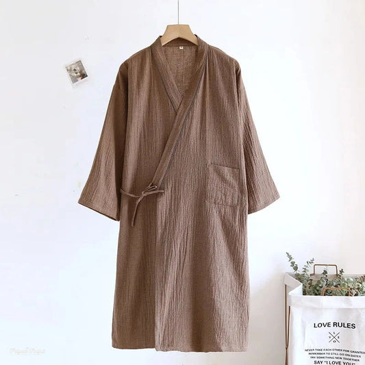 Peignoir Kimono Coton Brun Taupe Homme Poches - Brun Taupe - M