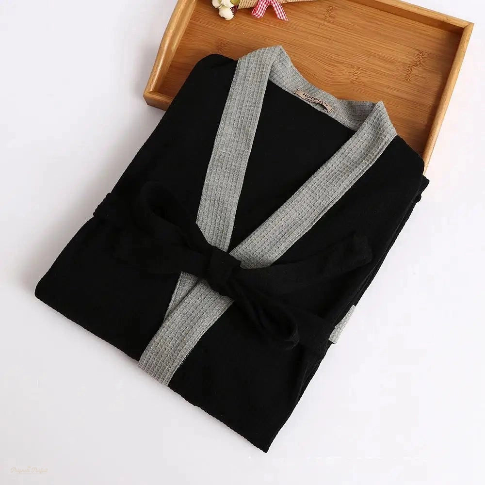 Peignoir Kimono Coton Gaufré Noir Et Gris Homme - Noir Et Gris - XL