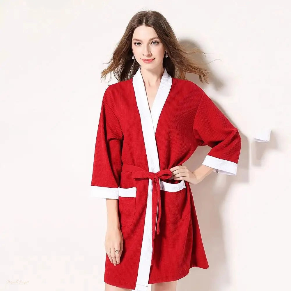 Peignoir Kimono Coton Gaufré Rouge Vif Femme - Rouge Vif - M
