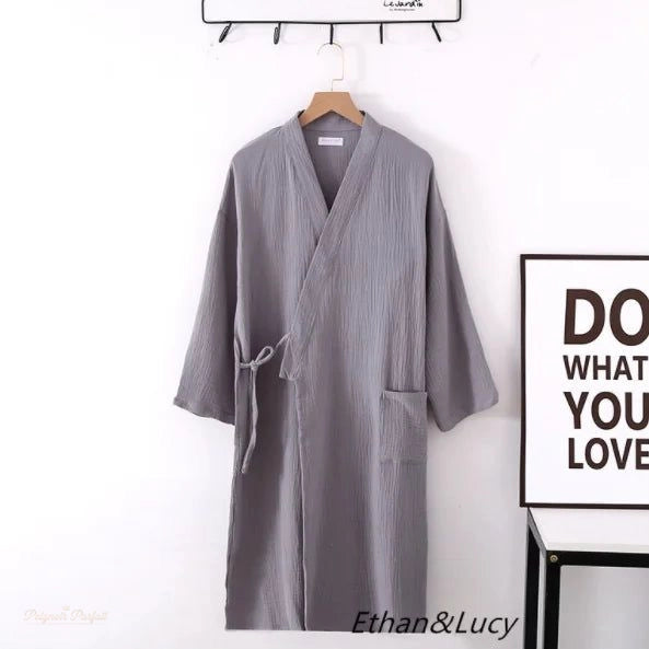 Peignoir Kimono Coton Gris Clair Homme Femme - Gris Clair - L