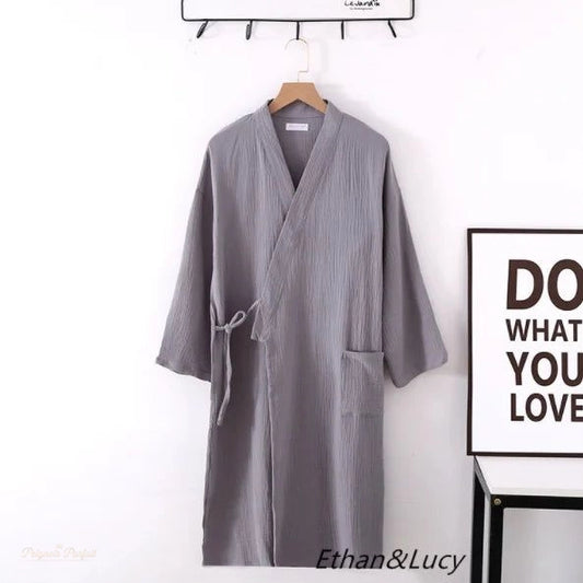 Peignoir Kimono Coton Gris Clair Homme Femme - Gris Clair - L