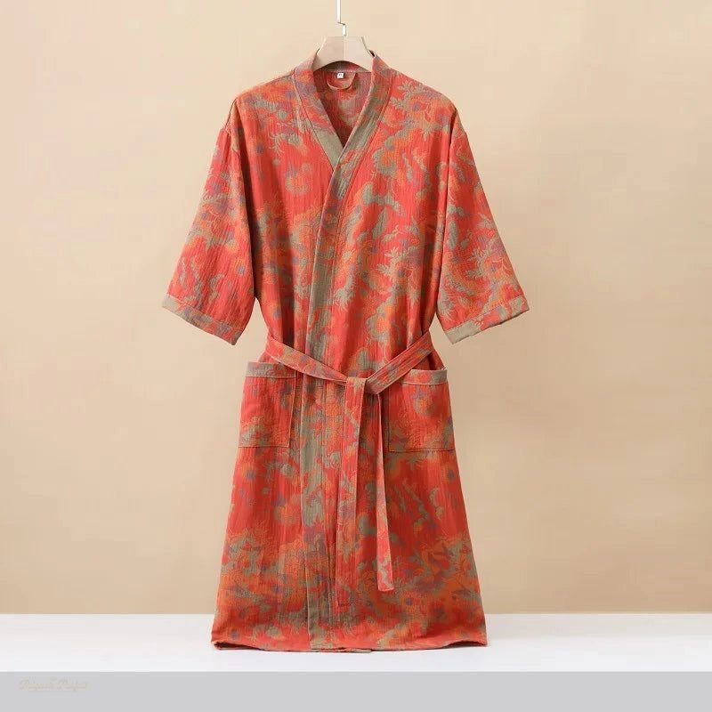 Peignoir Kimono Coton Rouge Corail Floral Femme - Rouge Corail Floral - M