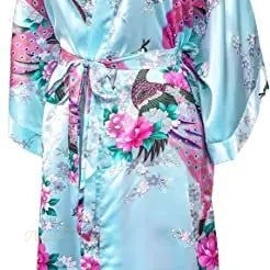 Peignoir Kimono Femme Satin Bleu Pâle Motif Grue - Bleu Pâle - XL