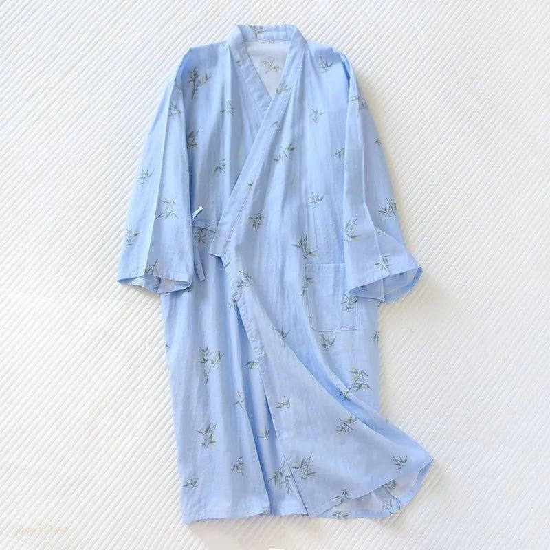 Peignoir Kimono Gaze Coton Bleu Ciel Bambou Homme - Bleu Ciel Bambou - L
