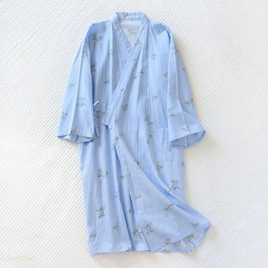 Peignoir Kimono Gaze Coton Bleu Ciel Bambou Homme - Bleu Ciel Bambou - L