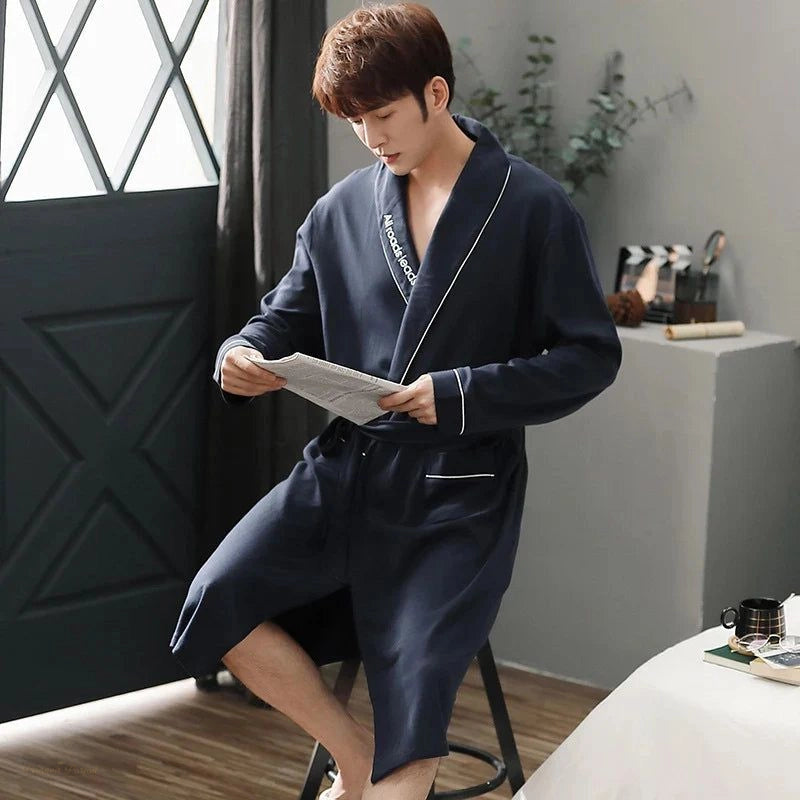 Peignoir Kimono Homme Bleu Marine Coton - Bleu Marine - XXXXL