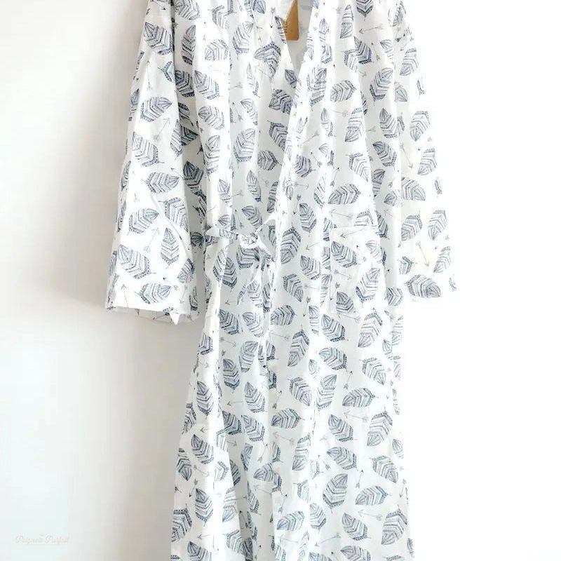 Peignoir Kimono Homme Coton Blanc Feuilles - Blanc Feuilles - M