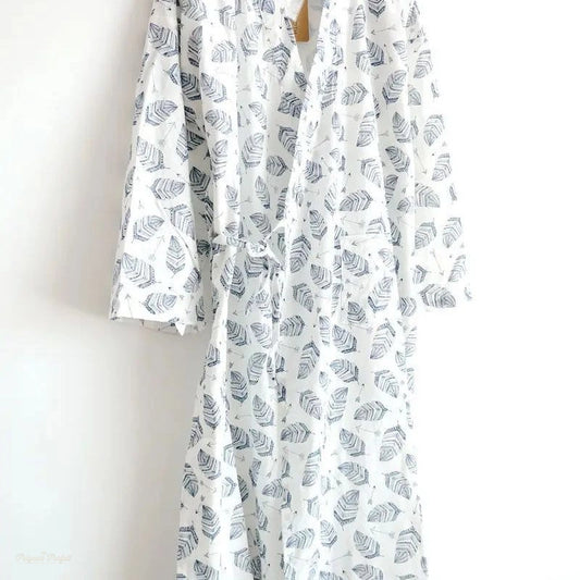 Peignoir Kimono Homme Coton Blanc Feuilles - Blanc Feuilles - M