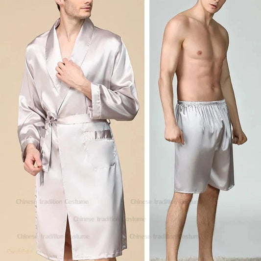 Peignoir Kimono Homme Gris Argenté avec Short - Gris Argenté - 5XL