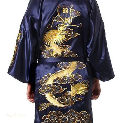 Peignoir Kimono Homme Satin Bleu Marine Broderie Dragon - Bleu Marine Satiné - XXL