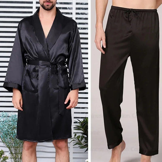 Peignoir Kimono Homme Satin Noir - Ensemble Pyjama - Noir Satiné - XXXL