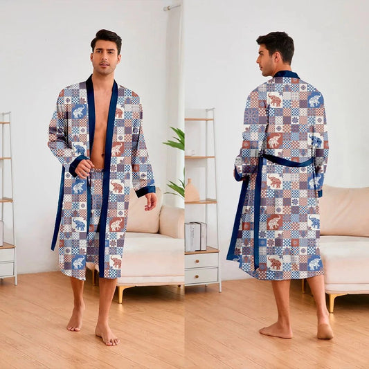 Peignoir Kimono Homme Satiné Multicolore Éléphant Patchwork - Multicolore Éléphant Patchwork - L
