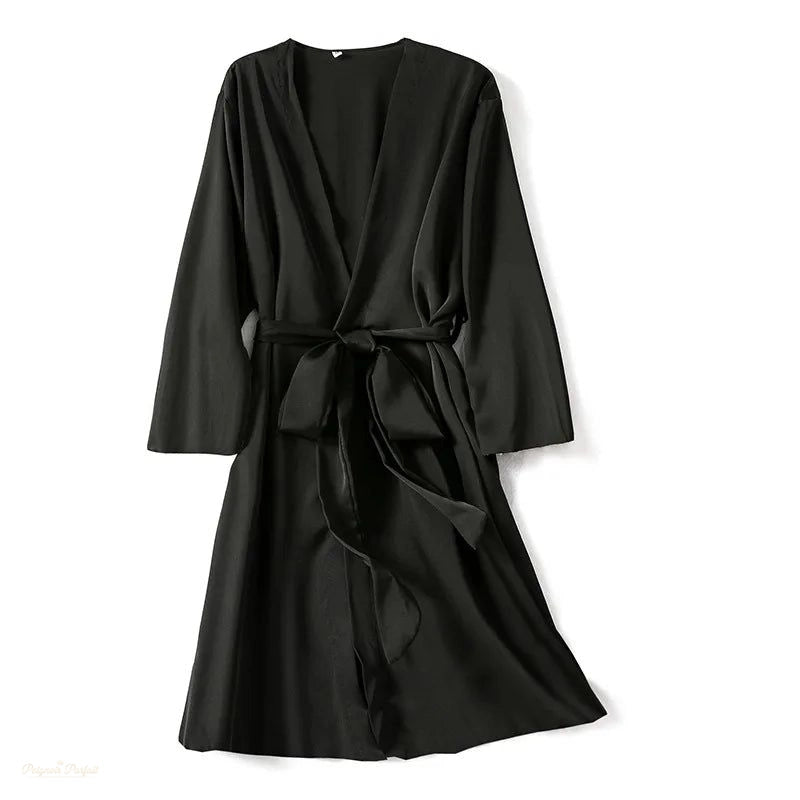 Peignoir Kimono Noir Satiné Femme Luxe - Noir Satiné - XL