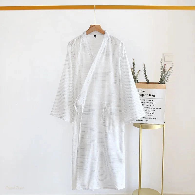Peignoir Kimono Rayé Blanc Pur Homme Coton - Blanc Pur - L