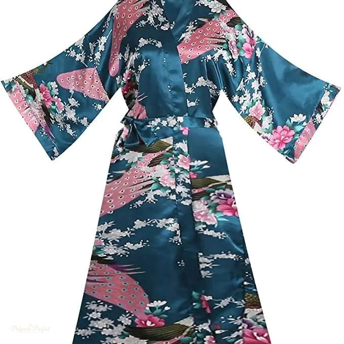Peignoir Kimono Satin Bleu Canard Femme - Motifs Floraux - Bleu Canard - S