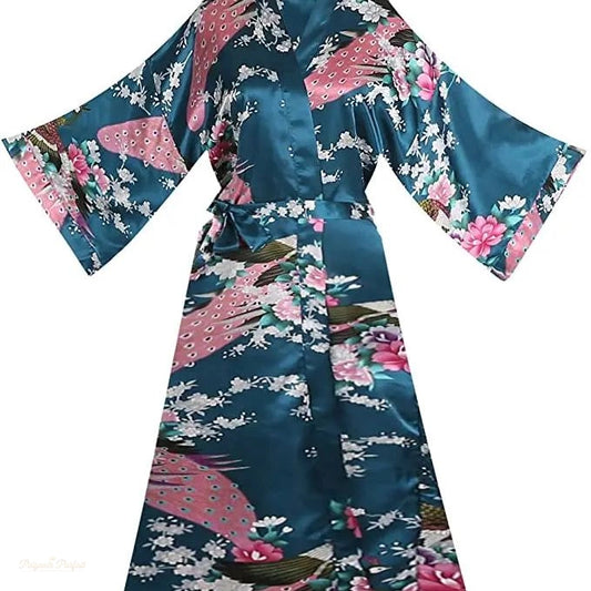 Peignoir Kimono Satin Bleu Canard Femme - Motifs Floraux - Bleu Canard - S