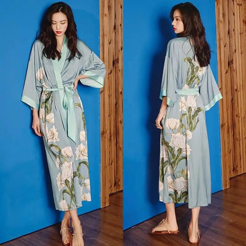 Peignoir Kimono Satin Bleu Ciel Poudré Femme - Bleu Ciel Poudré - One Size