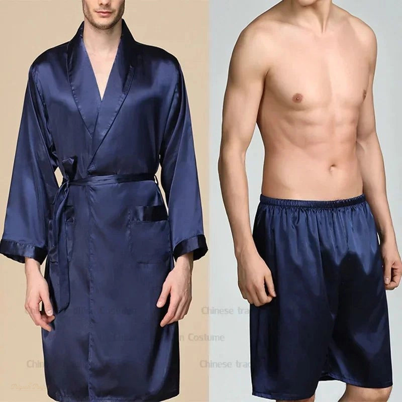 Peignoir Kimono Satin Bleu Marine Homme - Bleu Marine - XXXL