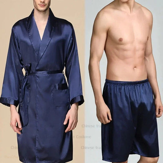 Peignoir Kimono Satin Bleu Marine Homme - Bleu Marine - XXXL