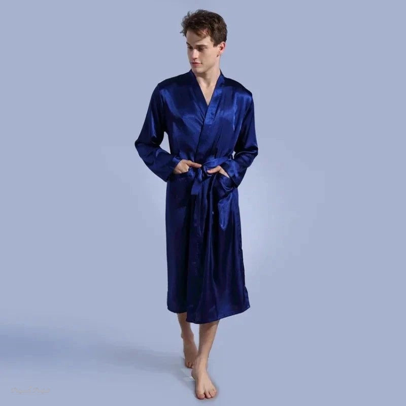 Peignoir Kimono Satin Bleu Nuit Homme - Bleu Nuit - XXL