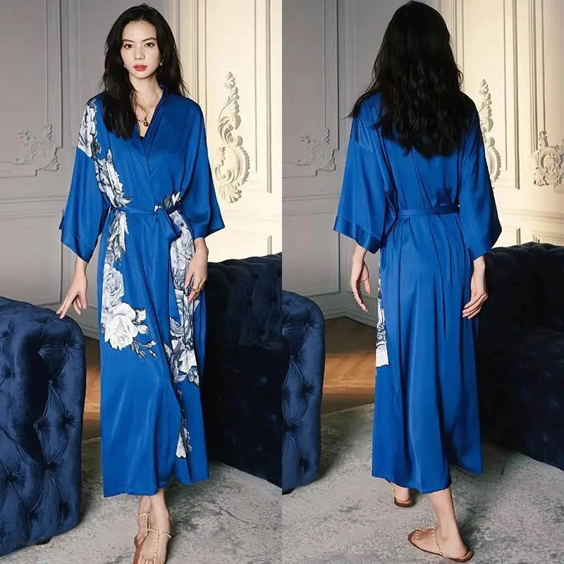 Peignoir Kimono Satin Bleu Royal Motif Floral Femme - Bleu Royal - One Size