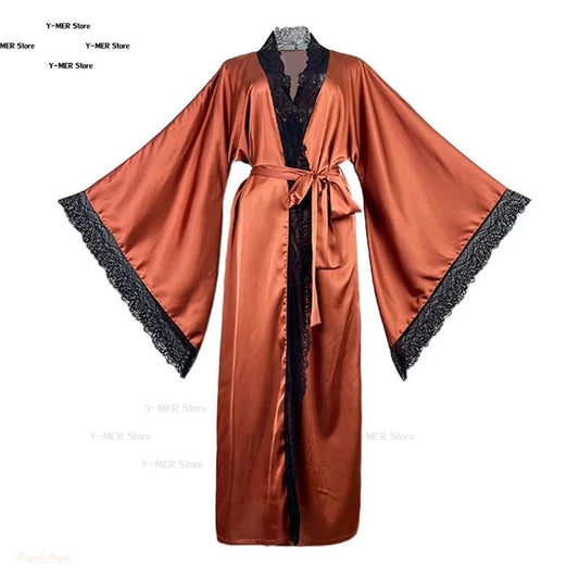 Peignoir Kimono Satin Caramel Satiné Femme Luxe - Caramel Satiné - L