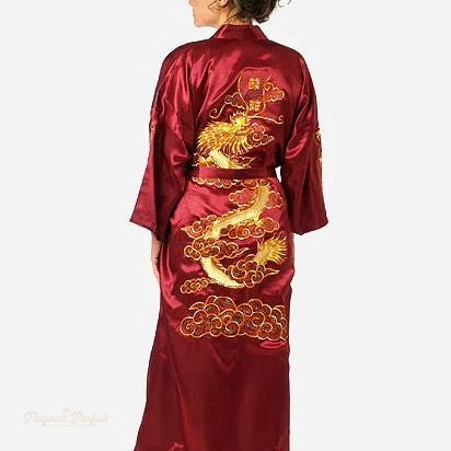 Peignoir Kimono Satin Dragon Rouge Bordeau Homme - Rouge Bordeau - S