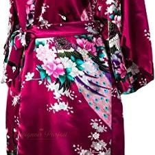 Peignoir Kimono Satin Femme Motif Grues Rouge Vin - Rouge Vin - XXL