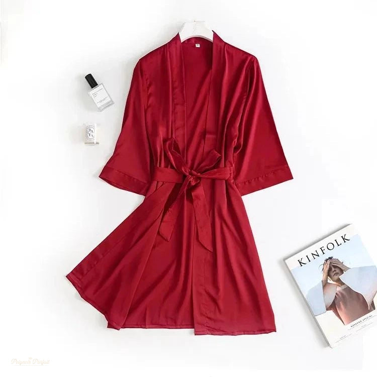 Peignoir kimono satin femme rouge vin manches 3/4 - Rouge Vin - L