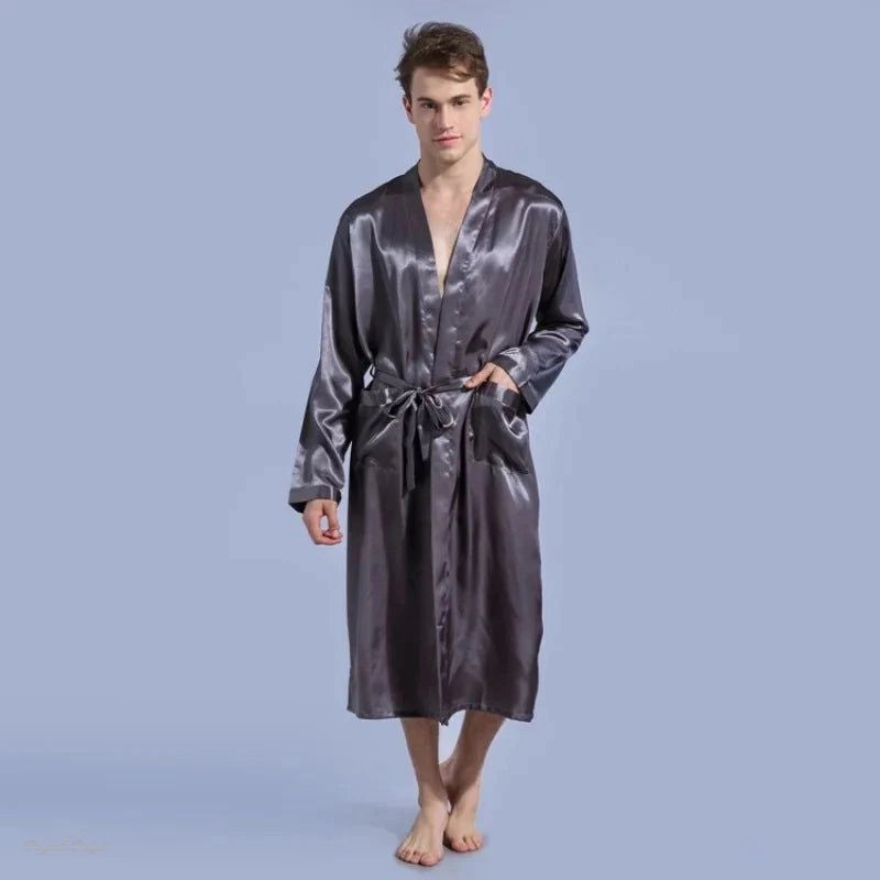 Peignoir Kimono Satin Gris Perle Homme - Gris Perle - XXL