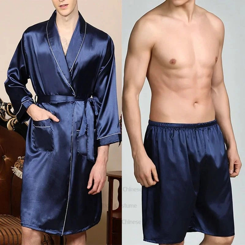 Peignoir Kimono Satin Homme Bleu Nuit - Bleu Nuit Satiné - XXXL