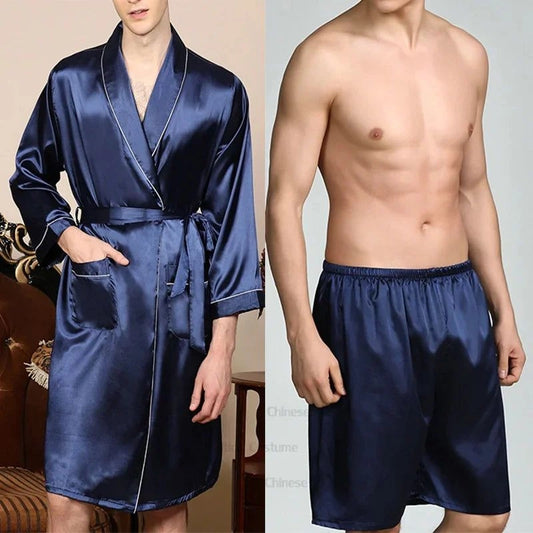 Peignoir Kimono Satin Homme Bleu Nuit - Bleu Nuit Satiné - XXXL