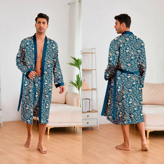 Peignoir Kimono Satin Homme Bleu Paon Floral - Bleu Paon Floral - L