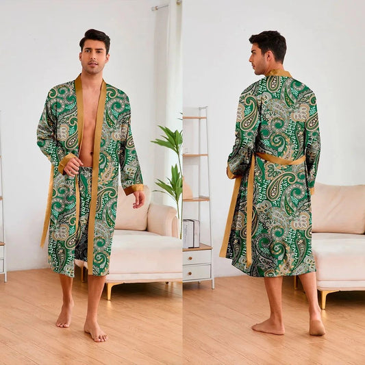Peignoir Kimono Satin Homme Vert Émeraude Deux Pièces - Vert Émeraude - L