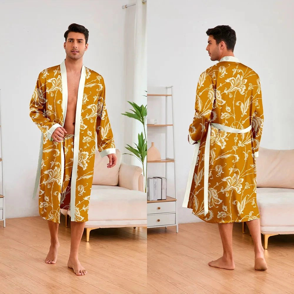 Peignoir Kimono Satin Moutarde Doré - Ensemble 2 Pièces Homme - Moutarde Doré - L