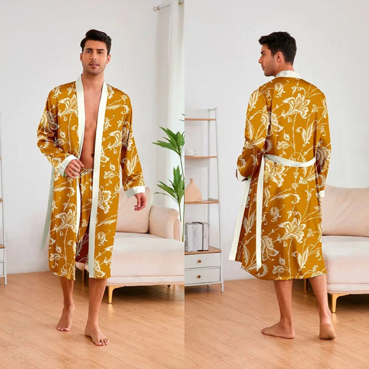 Peignoir Kimono Satin Moutarde Doré - Ensemble 2 Pièces Homme - Moutarde Doré - L