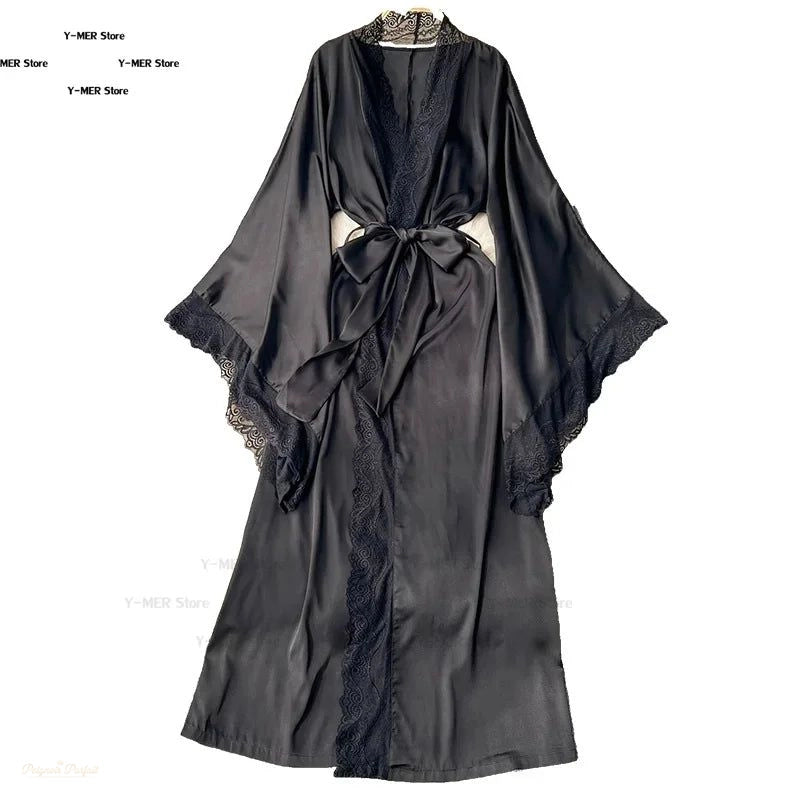 Peignoir Kimono Satin Noir Élégant Femme - Noir Élégant - S