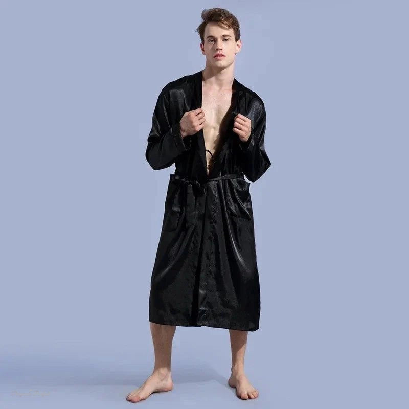 Peignoir Kimono Satin Noir Élégant Homme - Noir Élégant - L
