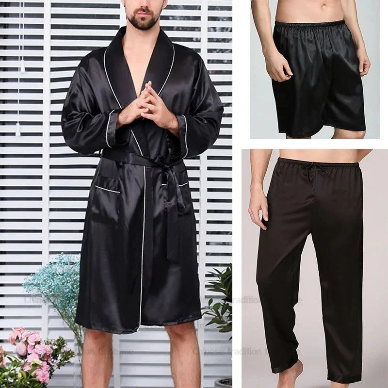 Peignoir Kimono Satin Noir Homme Ensemble Nuit - Noir Satiné - XXXL